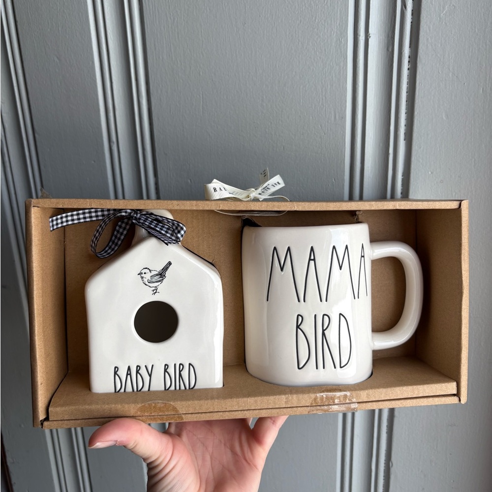 Rae Dunn White Ceramic Mug and Birdhouse MAMA BIRD, BABY BIRD Set